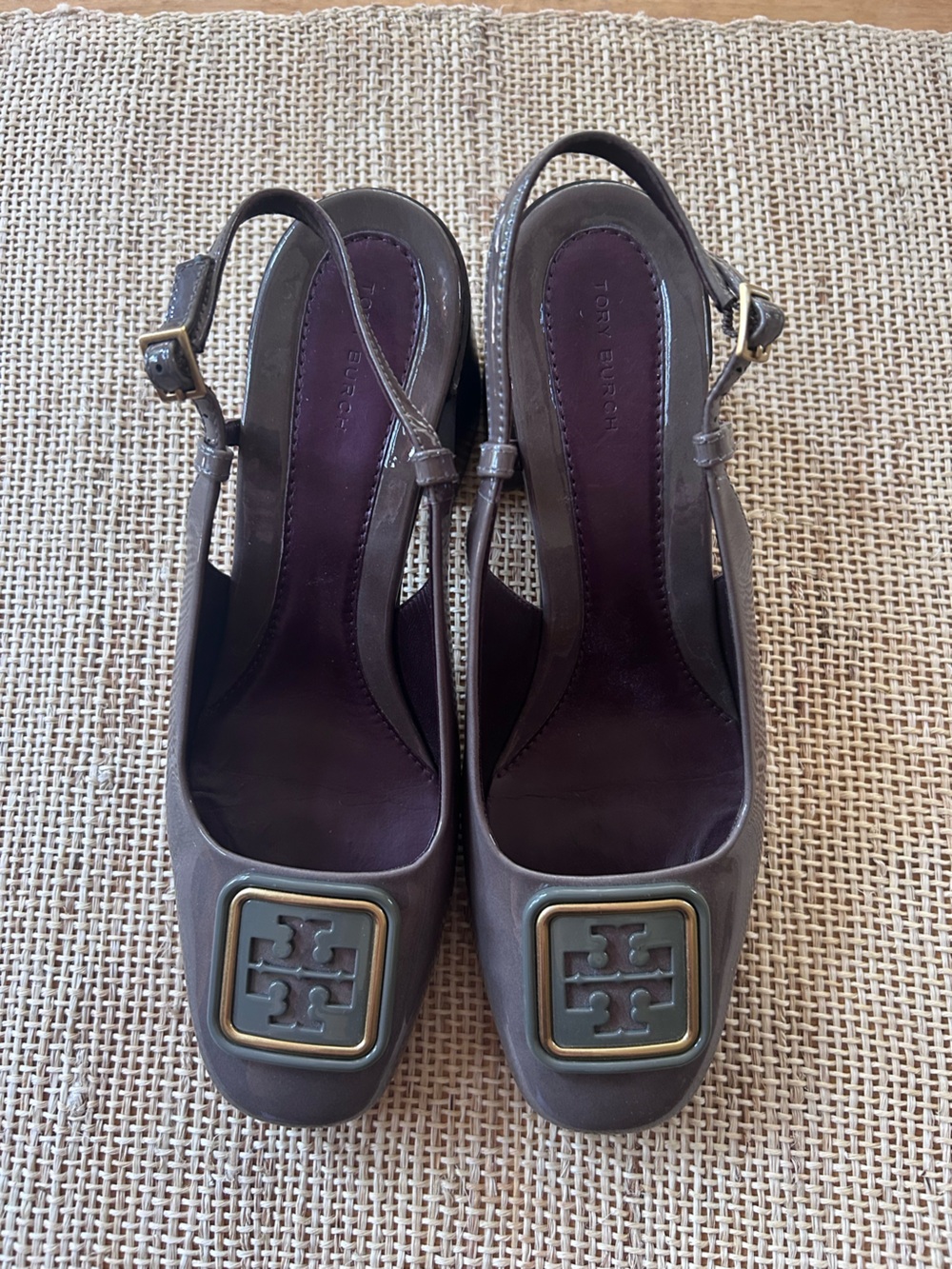 Tory Burch Georgia Slingback Pumps in Glossy Dark Gray w/Sculpted Block Heel. 9